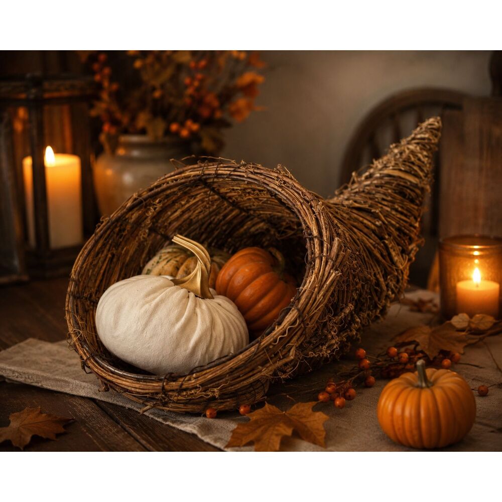 Rustic Grapevine Cornucopia Basket Primitive Farmhouse Fall Thanksgiving Decor